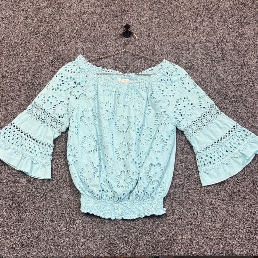 Tyler Boe Aq Eyelet Off Shoulder Bell Sleeve Cotton Blouse Women's Small Bohoua